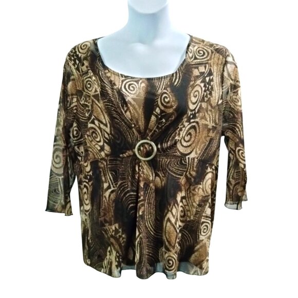 Nicola Woman Top Size 1X Brown Black Abstract Pattern Buckle Detail 3/4 Sleeves - Picture 2 of 10